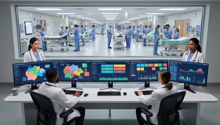 Emergency department operations center with AI systems managing patient flow and hospital resources