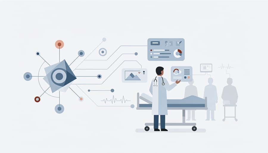 Emergency room physician reviewing AI-powered medical displays and patient data