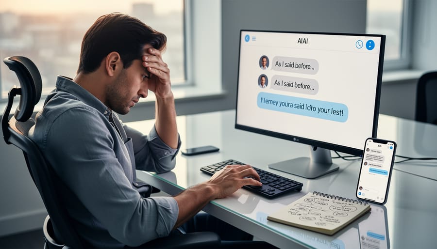 Person looking frustrated while working with AI assistant on laptop
