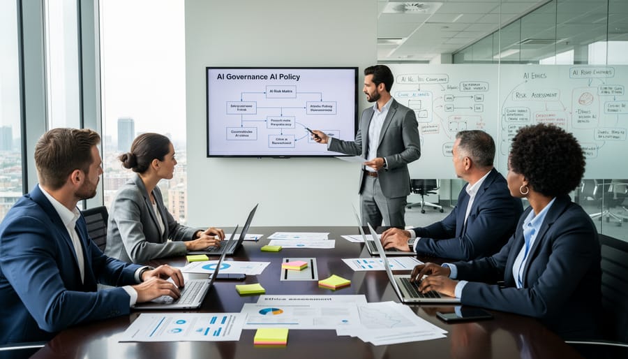 Business professionals collaborating in modern office discussing AI governance strategies