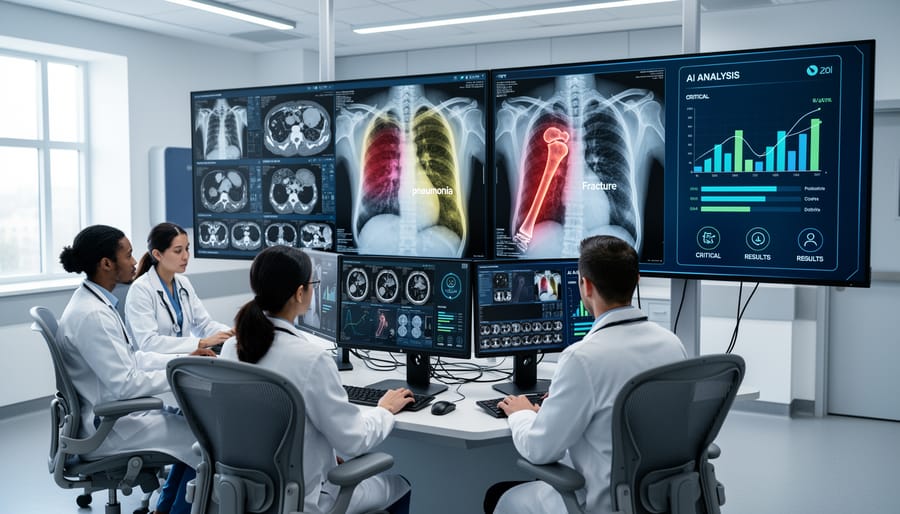 Radiologist reviewing AI-enhanced chest X-ray imaging in emergency department