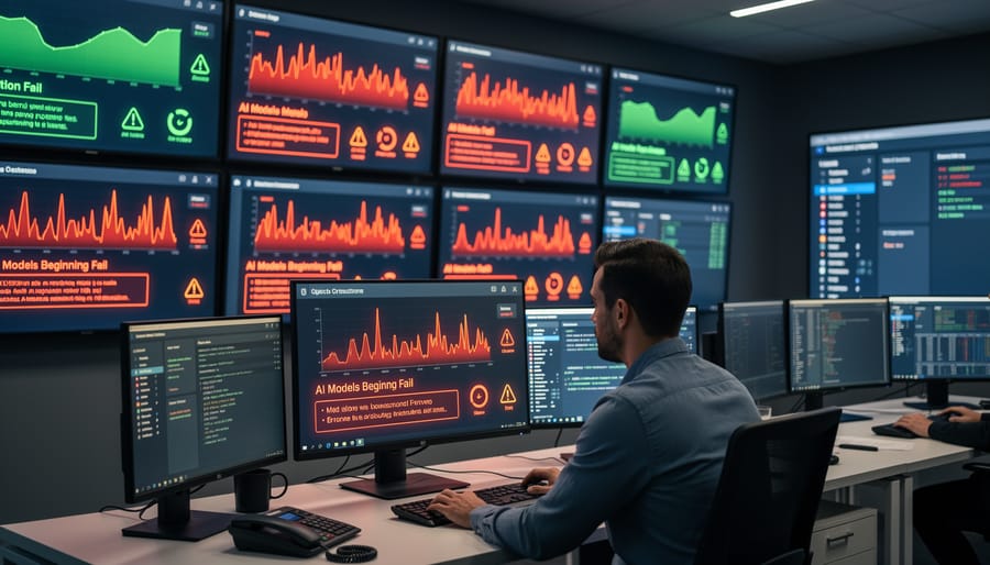 Server equipment with red warning lights in a data center