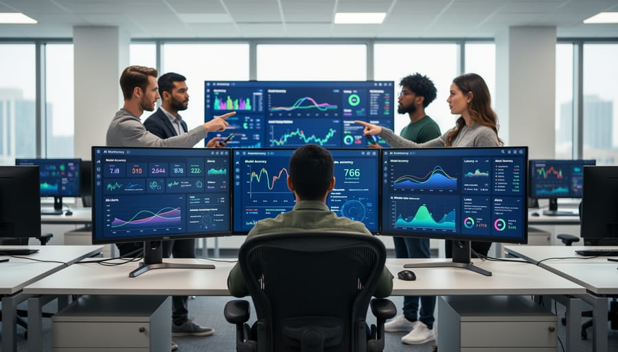 Data scientist monitoring AI model performance on multiple computer screens