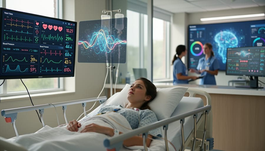 Medical professional monitoring patient vital signs with AI-enabled wearable sensor
