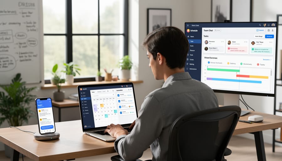 Team of professionals collaborating with AI-powered tools in modern office setting