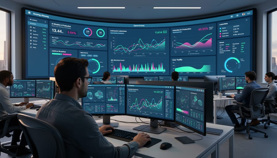 Server room with monitoring equipment showing status indicators and LED lights