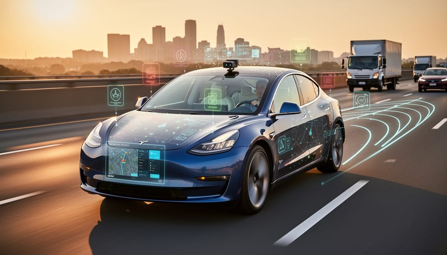 Autonomous vehicle sensor array showing real-time AI processing hardware