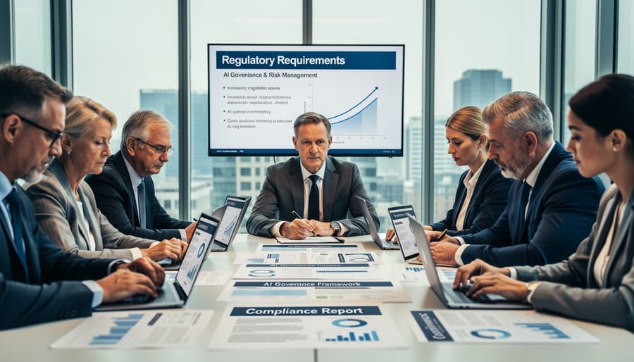 Business professionals in meeting discussing regulatory compliance documents