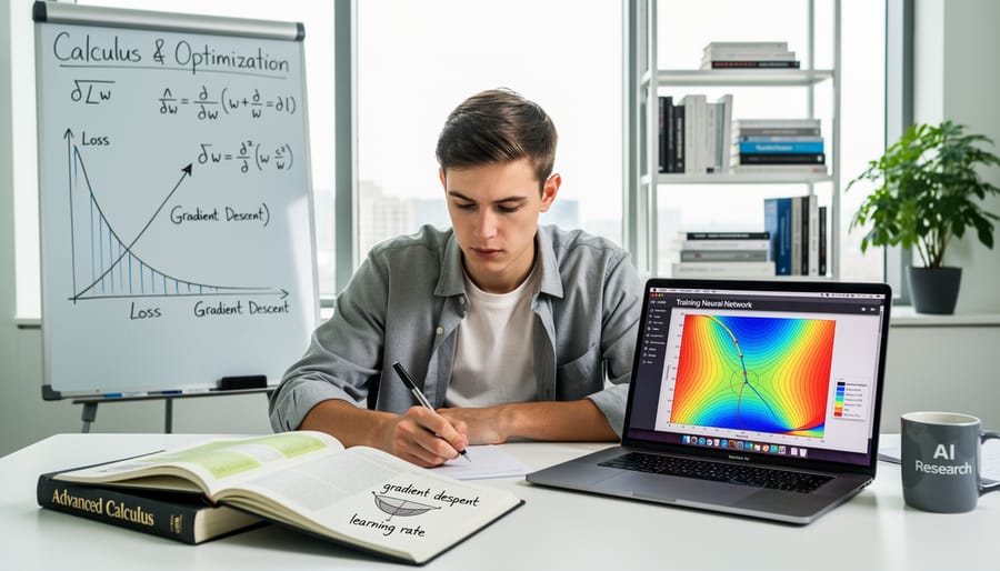 Person studying calculus concepts for AI on digital tablet