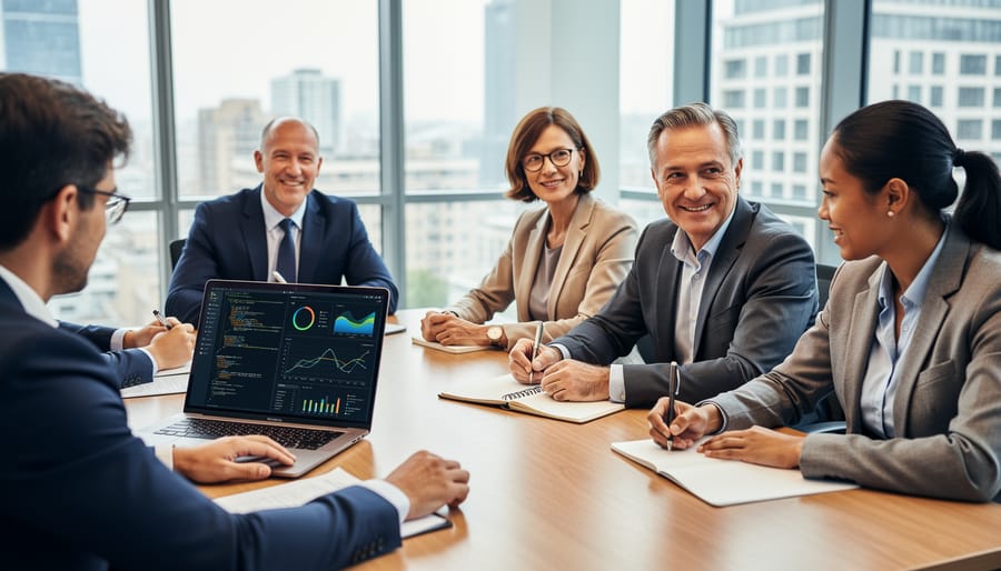 Diverse professionals collaborating on AI governance solutions in modern office setting