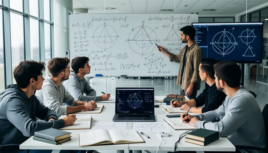 Chalkboard with complex geometric diagrams and mathematical shapes