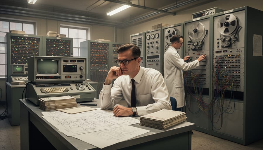 Vintage mainframe computer room from the 1950s with large computing equipment and vacuum tubes