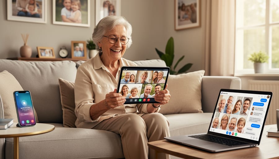 Multigenerational family connecting with senior through video chat technology