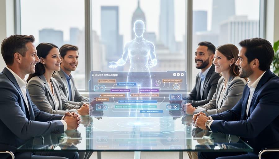 Team members collaborating successfully with AI tools in modern office environment