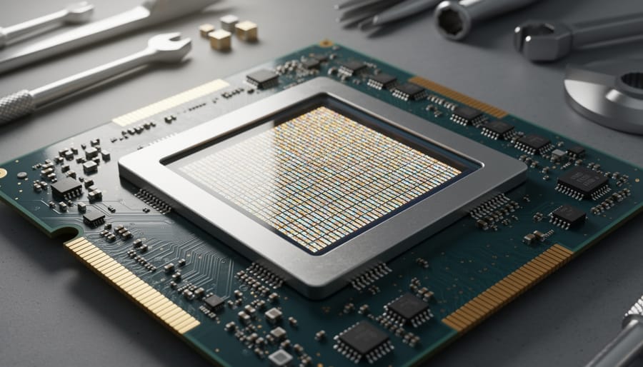 Close-up of GPU circuit board showing parallel processing architecture