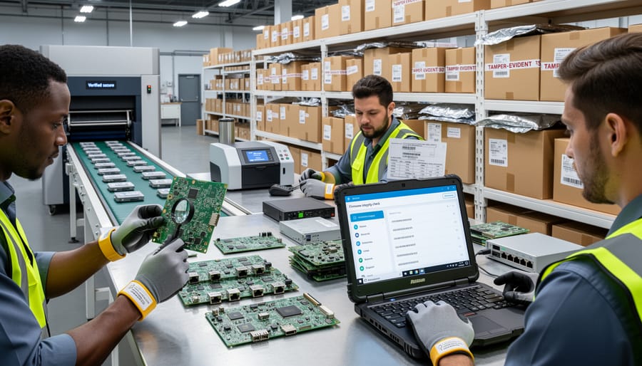 Technician inspecting computer chip for security verification