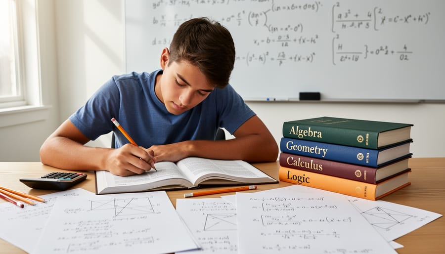 Mathematics textbook open on desk with study materials and natural lighting