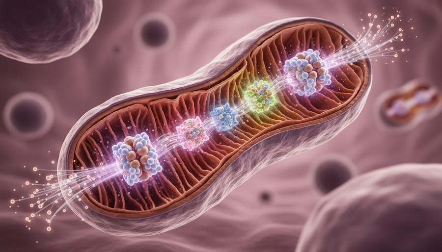 Microscopic view of cellular mitochondria showing metabolic structures