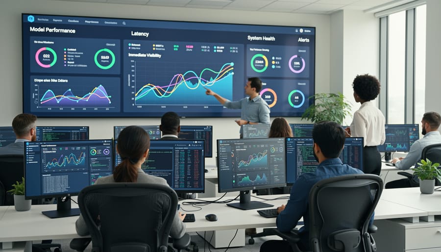 Monitor displaying real-time AI model performance metrics in modern workspace