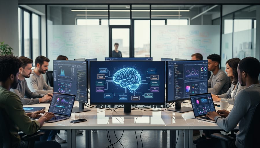 Developer working on code for AI plugin development at workstation