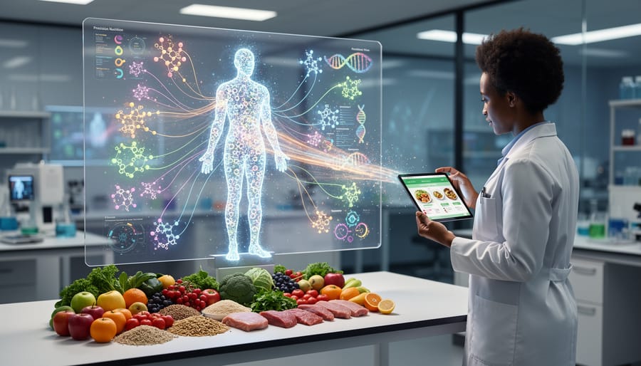 Scientist arranging fresh produce next to digital health technology in laboratory