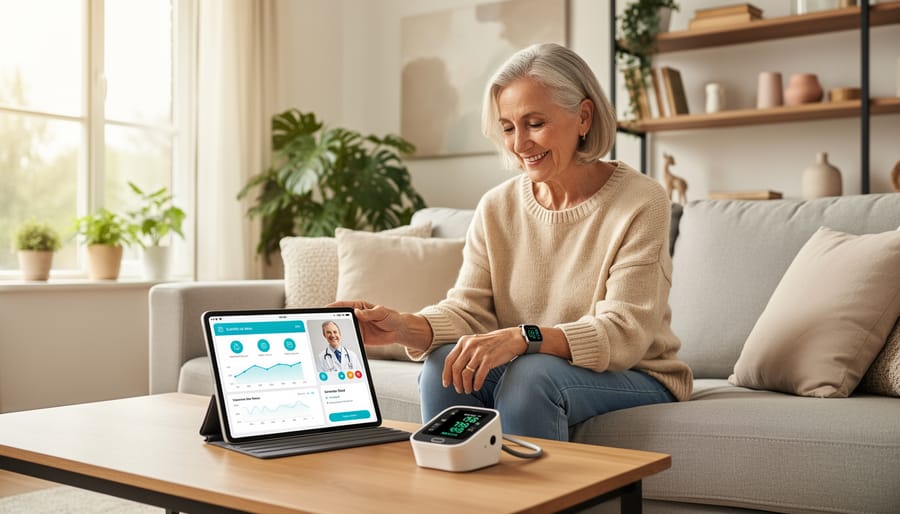 Senior woman comfortably using tablet technology at home