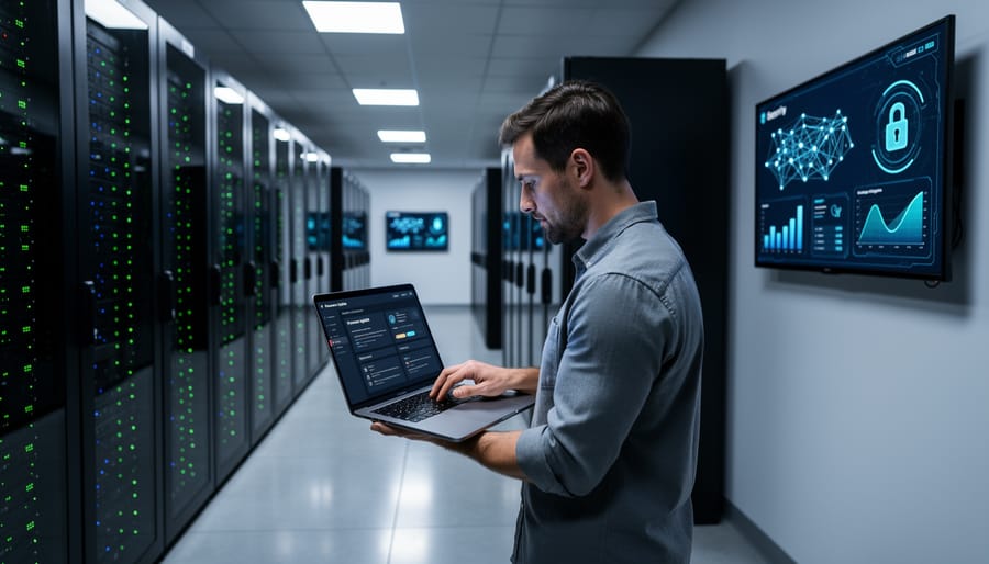 IT professional performing maintenance and security updates on server hardware