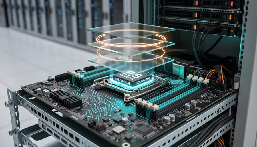 Close-up of server motherboard showing CPU, security chips, and circuit components