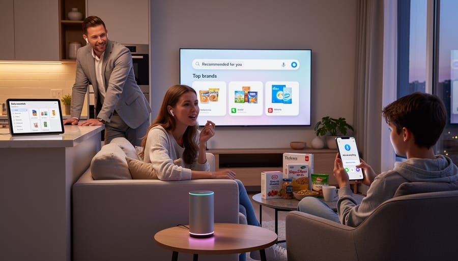 Consumer using voice-activated AI assistant on smartphone in smart home environment