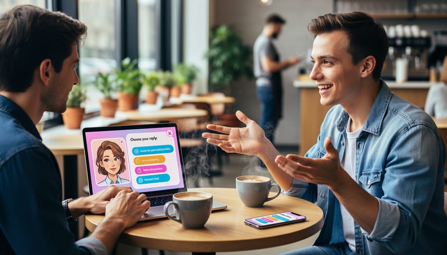 People at a café table with a smartphone glowing between them, suggesting conversational AI in a dating setting.