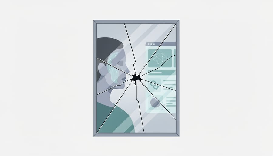 A cracked mirror reflecting a distorted face, symbolizing AI mistakes that distort results.