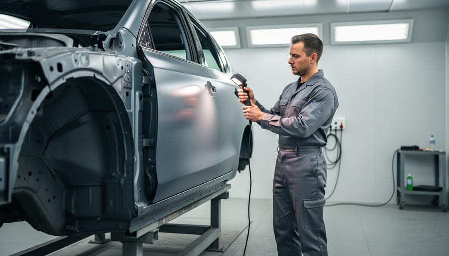 Automotive paint inspection bay showing a car panel under bright LED lighting