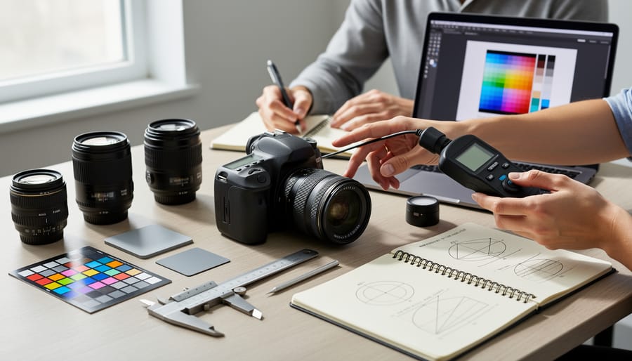 Camera equipment and magnifying glass on a workbench representing hands-on image learning.