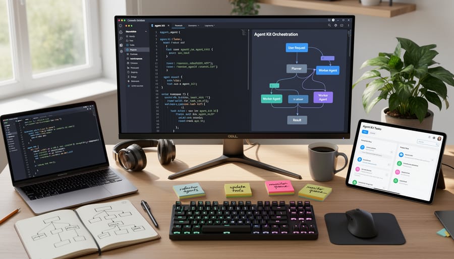 Developer using a laptop at a desk while reviewing notes and a phone nearby