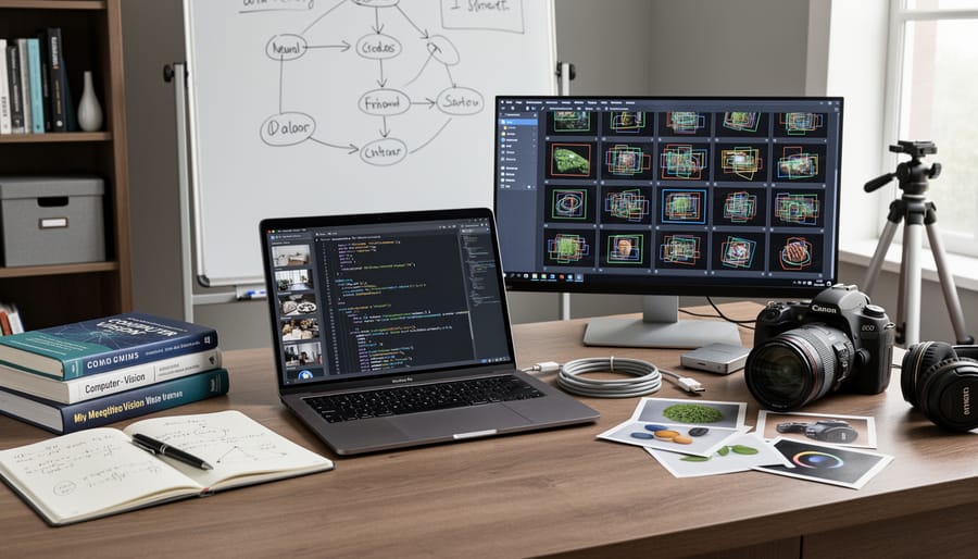 Laptop and computer vision learning tools on a desk with notebook, camera lens, and storage accessories.