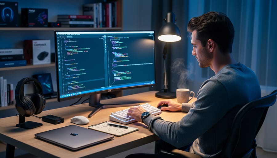 Person coding in a dim room with headphones and a desk lamp illuminating the keyboard