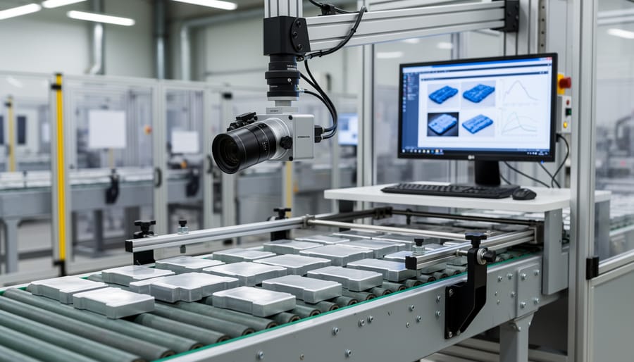 Robotic camera arm inspecting an automotive fender during automated paint inspection