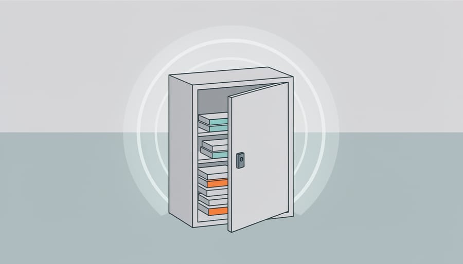 Secure metal cabinet storing organized power adapters and storage drives in a workshop setting