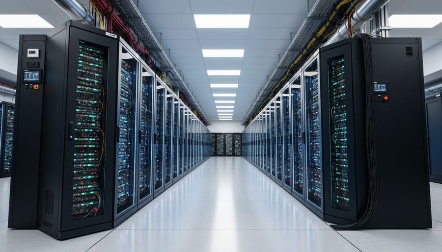 Rows of server racks with glowing indicator lights in a data center aisle