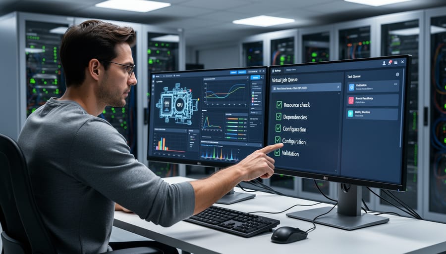 Engineer working beside a GPU workstation with handwritten notes, with studio lighting and blurred tech background