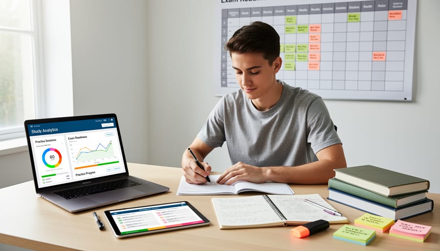 Student holding an exam booklet in a quiet testing room with a softly glowing tablet in the bag