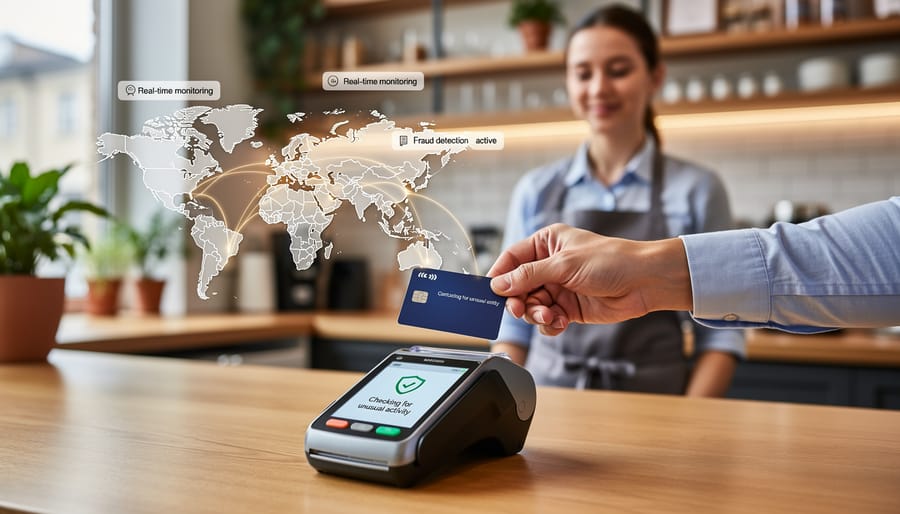 Hand holding a credit card above a payment terminal at checkout