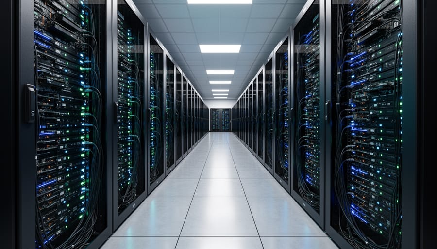 Rows of server racks with glowing indicator lights in a modern machine room