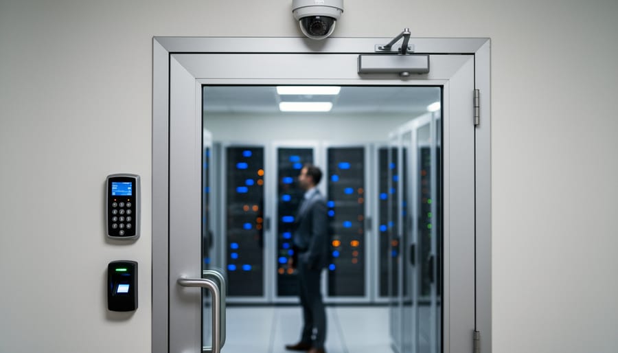 Security analyst reviewing documents at a desk with blurred colleagues in the background