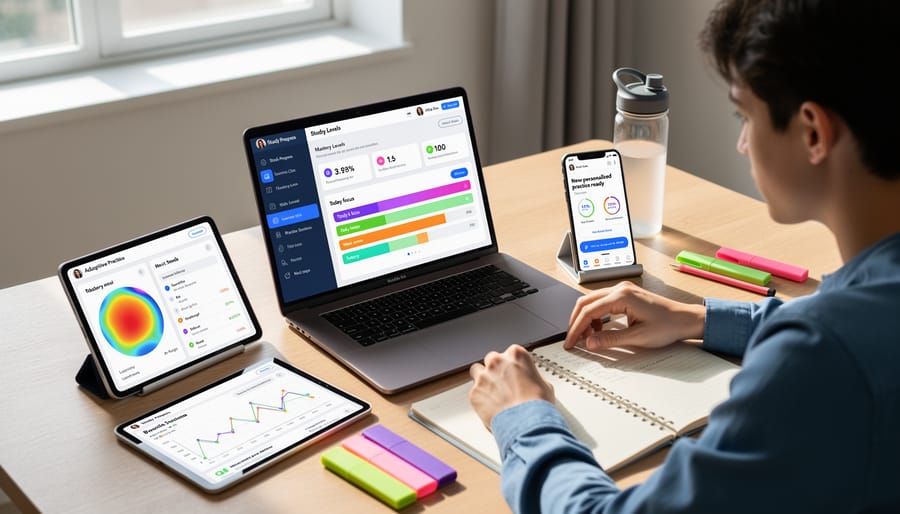 Student studying with a laptop and smartphone showing an unreadable analytics dashboard