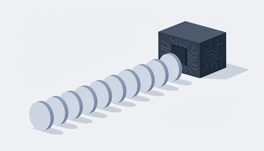 Blank physical tokens arranged in an orderly queue on a desk next to a laptop and power cables