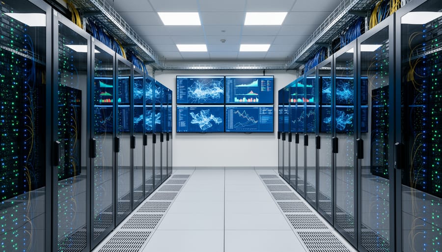 Wide view of a data center server room with blue-lit computer racks