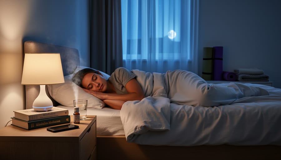 Warmly lit bedside table with a smart device and a person resting in bed