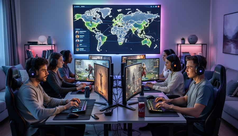 Gamer wearing a headset at a desk, with abstract light patterns behind them suggesting an intelligent game world