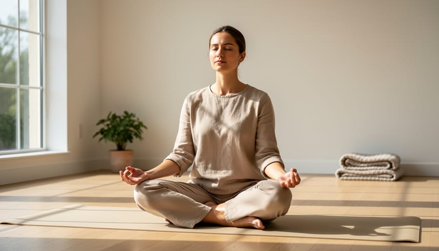Person meditating with eyes closed on a yoga mat in a softly lit room